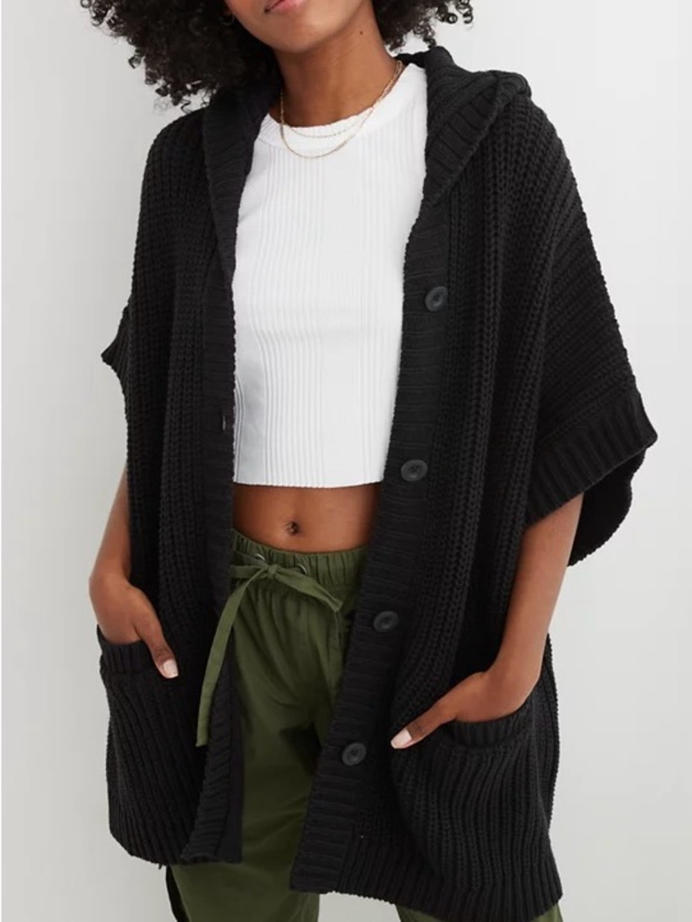 Aerie Black Ribbed Hooded Cape Oversized Cozy Waffle Knit L/XL